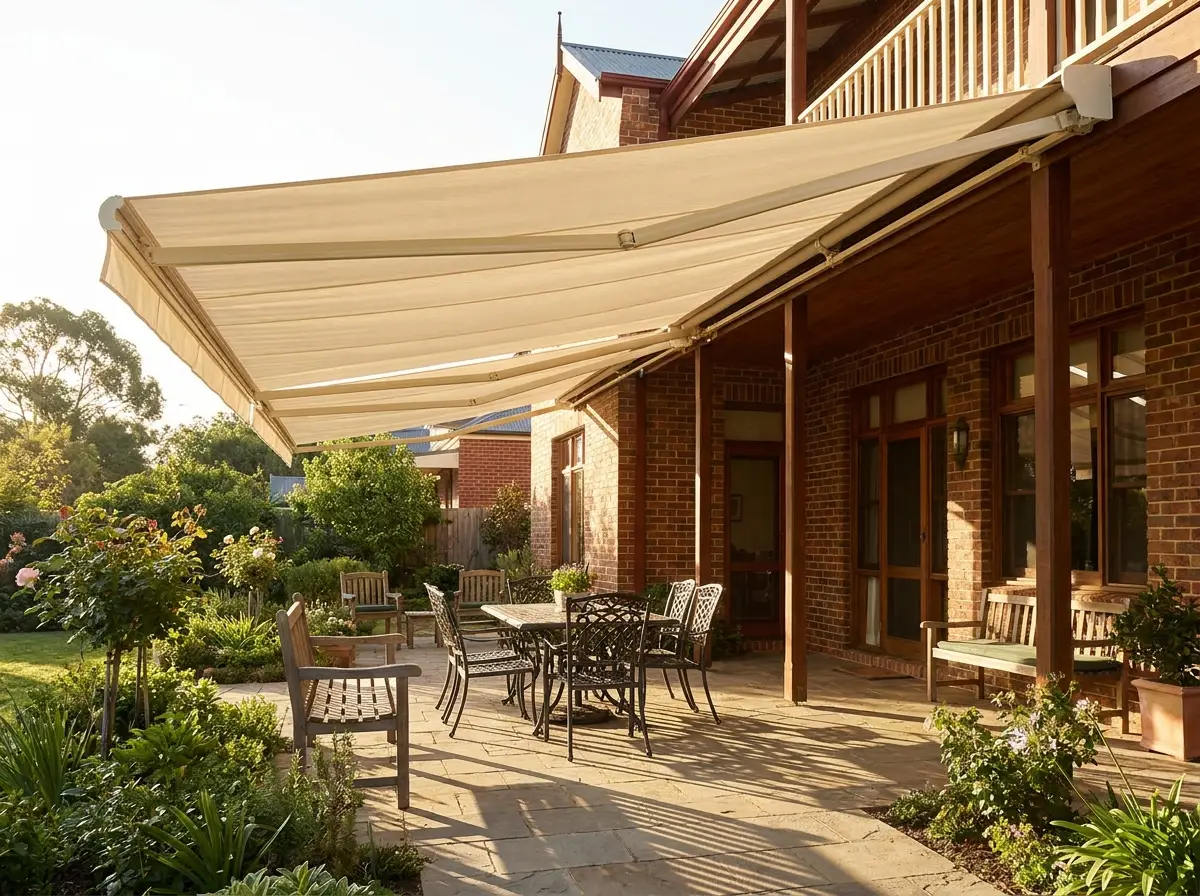 Cream folding-arm awning shading a Brooklyn patio dining area