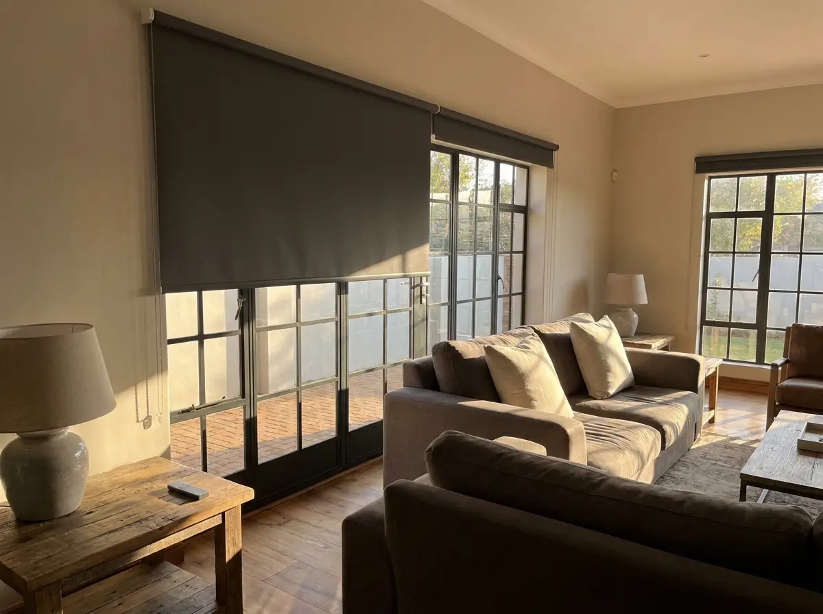 Motorised charcoal roller blind lowering in a Brooklyn lounge, remote on side table