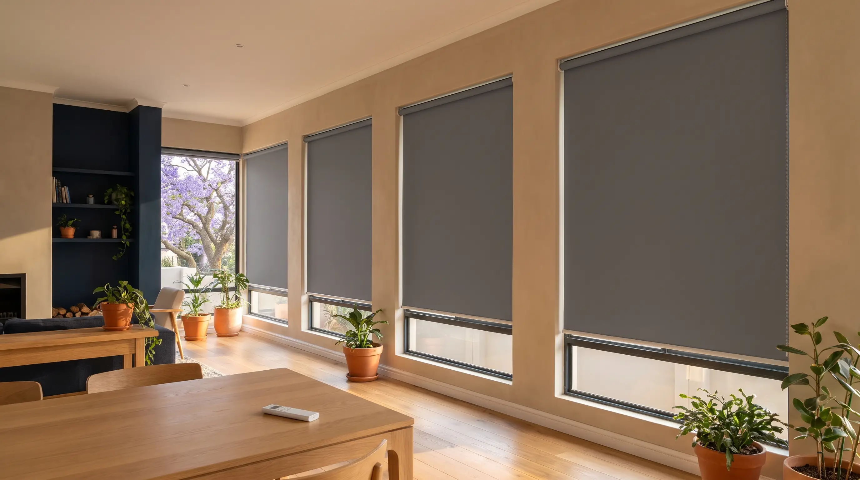 Four motorised charcoal roller blinds lowered in unison across a run of windows in a Brooklyn Pretoria living room, remote control on the dining table