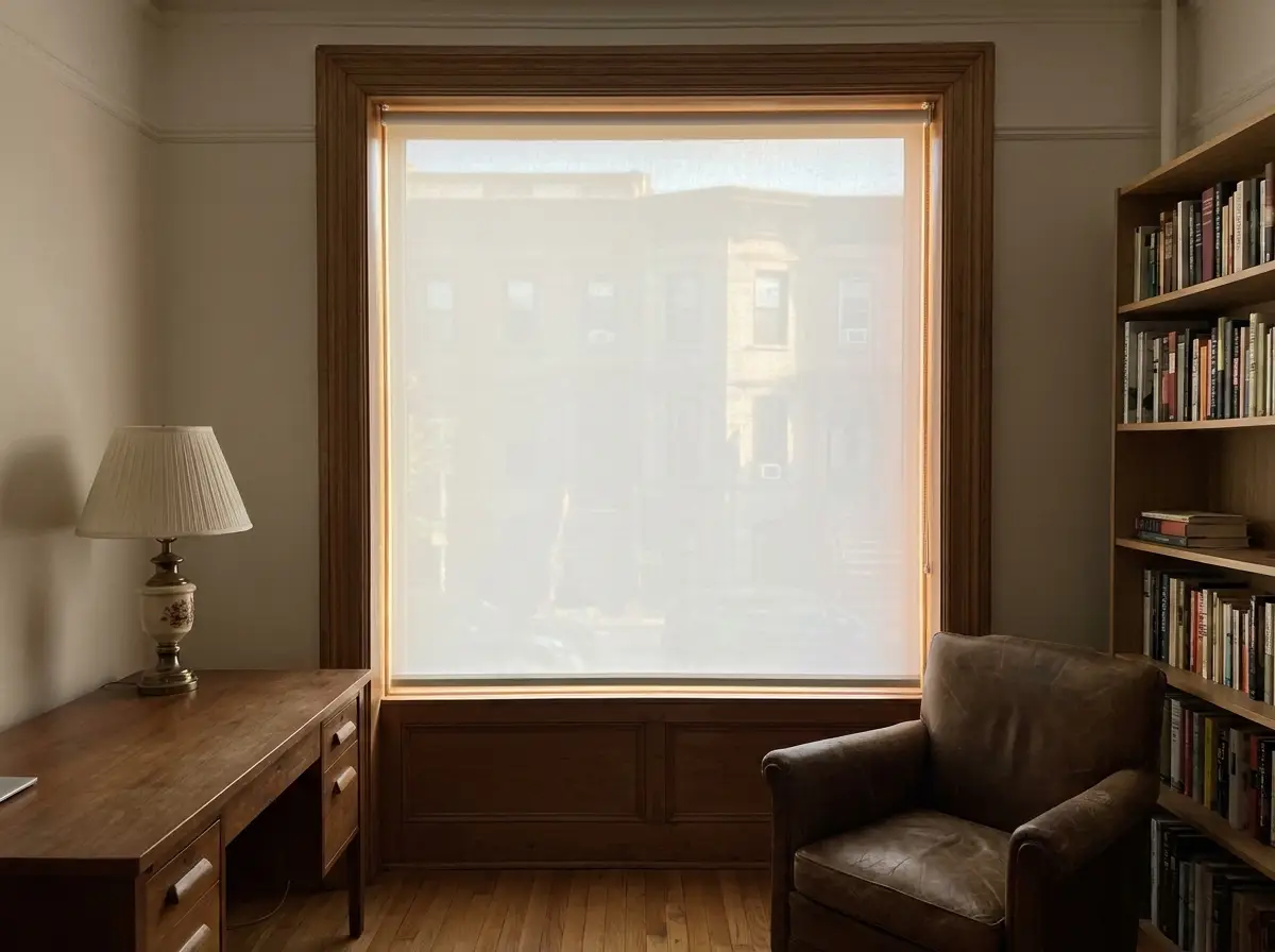 White blockout roller blind lowered over a Brooklyn home office window