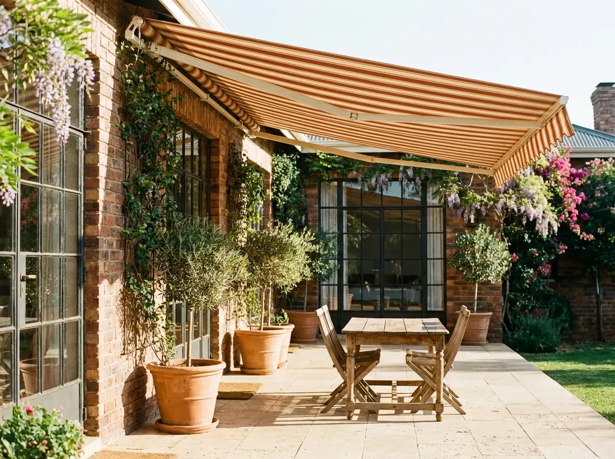 Fold-arm awning on a Brooklyn Pretoria home patio with heritage-cafe styling