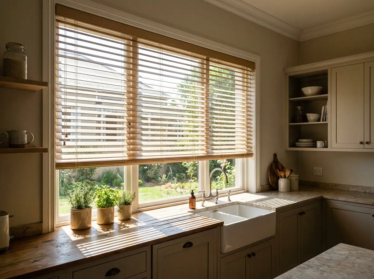 Light oak timber venetian blind lowered over a Brooklyn kitchen window